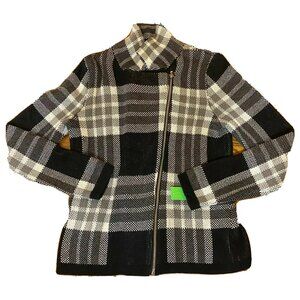 Isaac Mizrahi Live Plaid Knit Zip-Up Jacket XS Black/White Cotton Blend